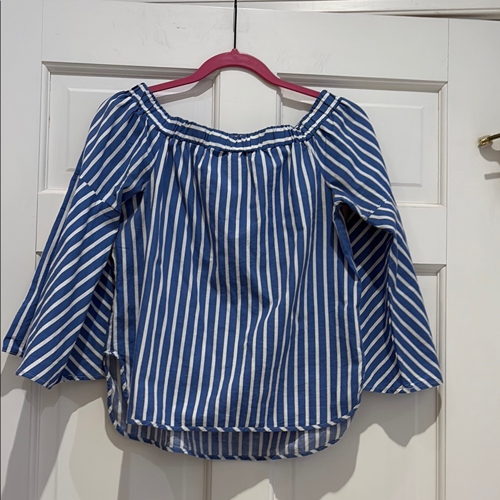 Blue and White Striped Off-Shoulder Top with Bell Sleeves